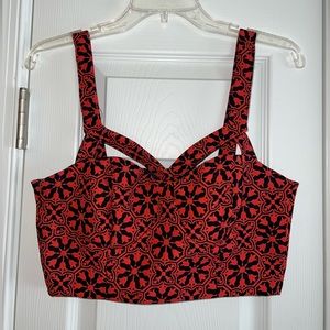 Forever 21 Red & Black Patterned Zipper Back Crop Top, Size M